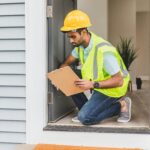 A home inspector wearing safety gear examines a house interior for safety compliance.